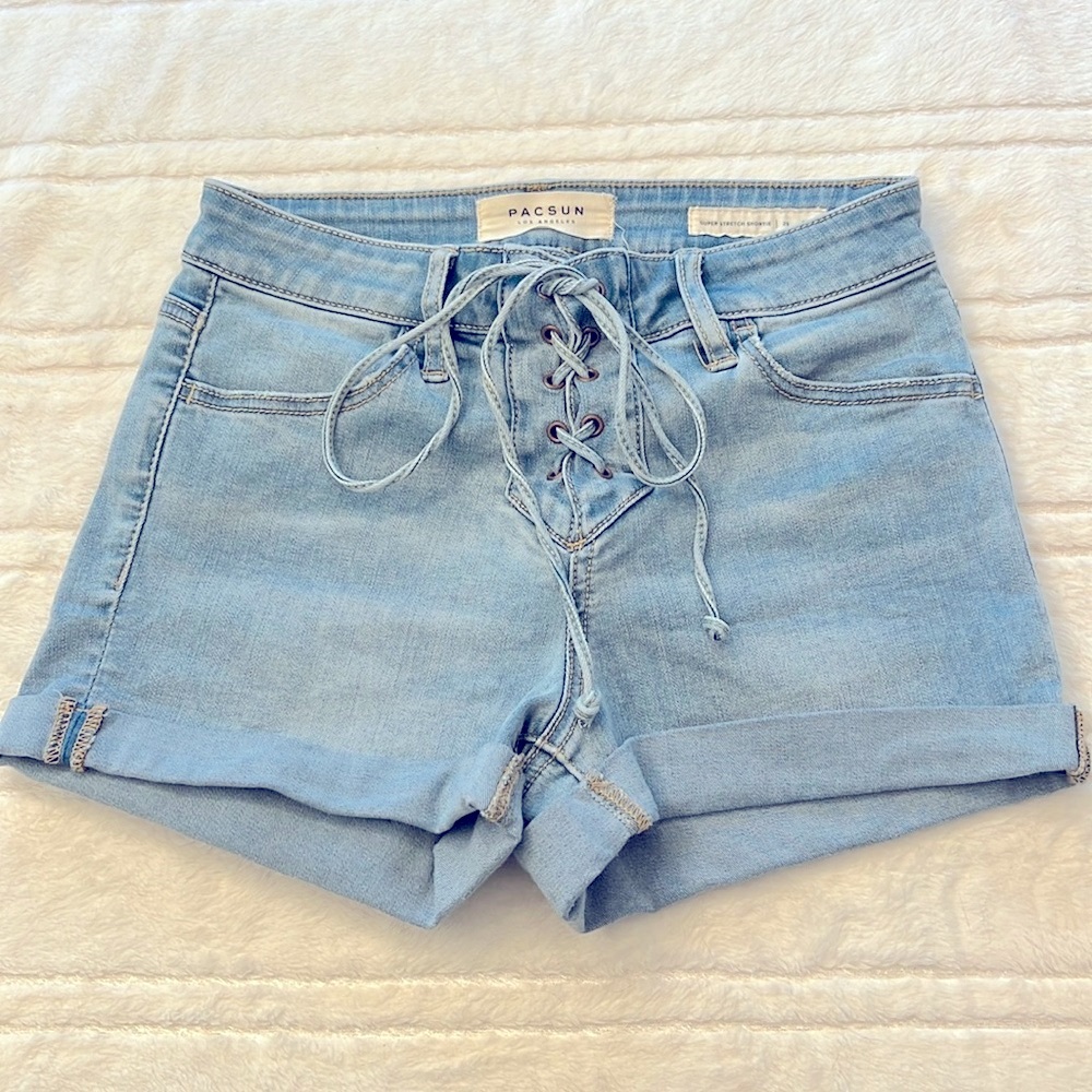 Pacsun Denim High Rise Super Stretch Shortie Shorts Tie Front. Size 25
